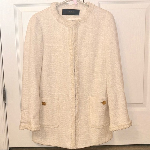 Zara Cream Ivory Tweed Fringe Long Buttoned Coat M - Picture 1 of 6